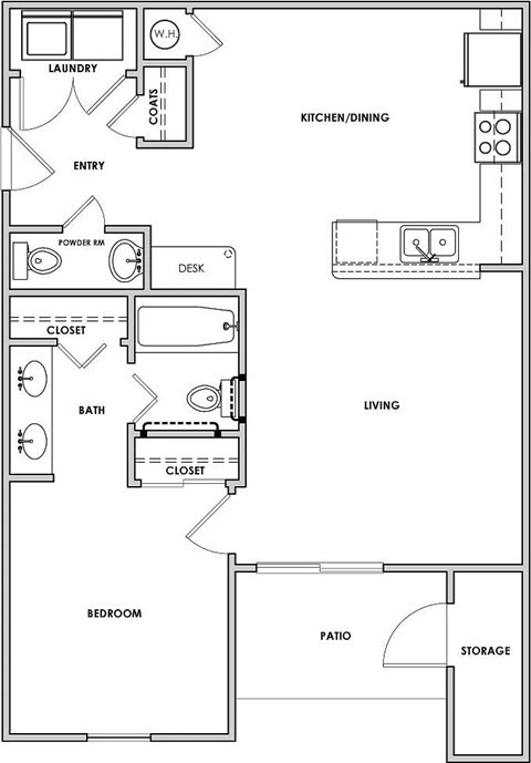 Floor plan for 1 bed, 1.5 baths, 763 sqft